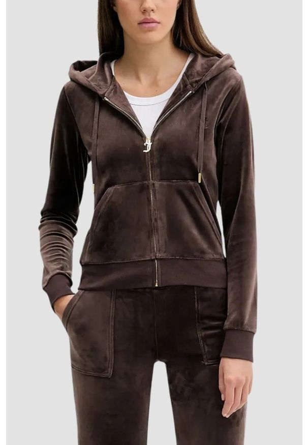 Juicy Couture - JUICY COUTURE Czekoladowa bluza damska Robertson Hoodie, Rozmiar S. Okazja: na co dzień. Kolor: brązowy. Materiał: materiał. Styl: casual, klasyczny