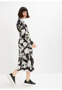 bonprix - Długa sukienka ze zrównoważonej wiskozy. Kolor: czarny. Materiał: wiskoza. Wzór: aplikacja, nadruk, kwiaty. Długość: maxi