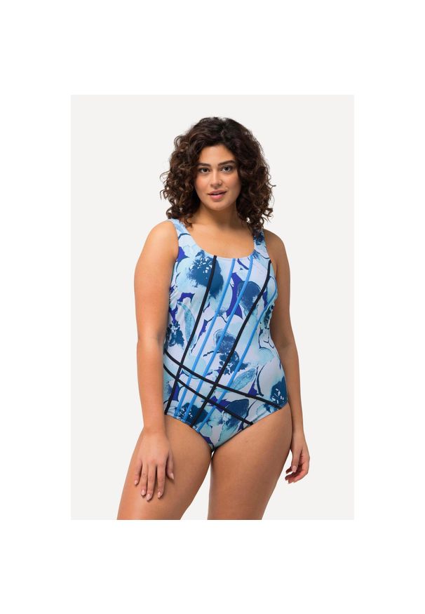 ULLA POPKEN - Damski Kostium kąpielowy kwiaty bez miękkich miseczek okrągły dekolt. Kolekcja: plus size. Kolor: niebieski. Materiał: poliester, elastan, poliamid, materiał. Wzór: kwiaty