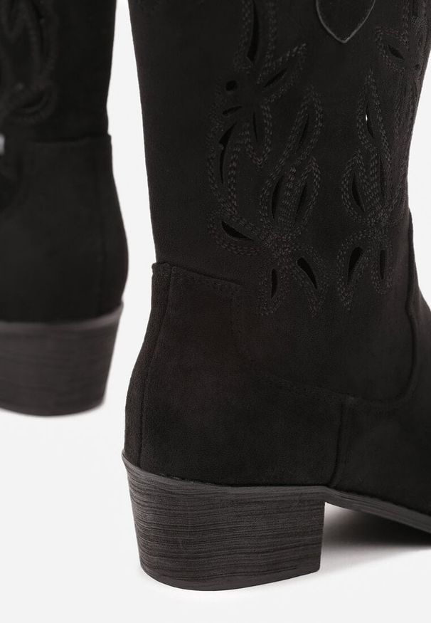 Born2be - Czarne Ażurowe Botki Vices na Obcasie w Stylu Kowbojek Helori. Kolor: czarny. Materiał: jeans. Wzór: ażurowy. Obcas: na obcasie. Styl: boho, klasyczny. Wysokość obcasa: średni