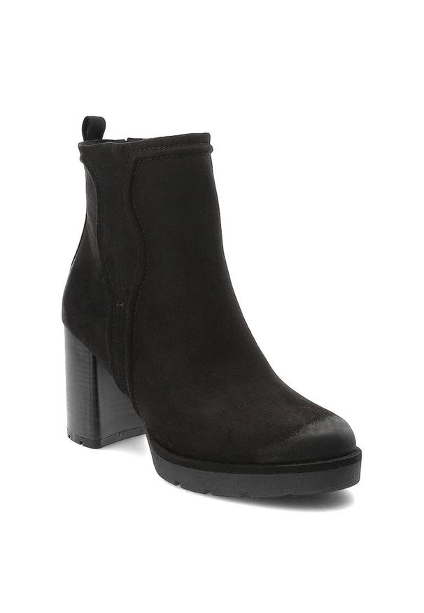 Czarne Botki Marco Tozzi Modne Obuwie Damskie. Okazja: na co dzień. Kolor: czarny. Materiał: jeans, syntetyk, zamsz, futro. Obcas: na obcasie. Styl: casual, elegancki. Wysokość obcasa: średni