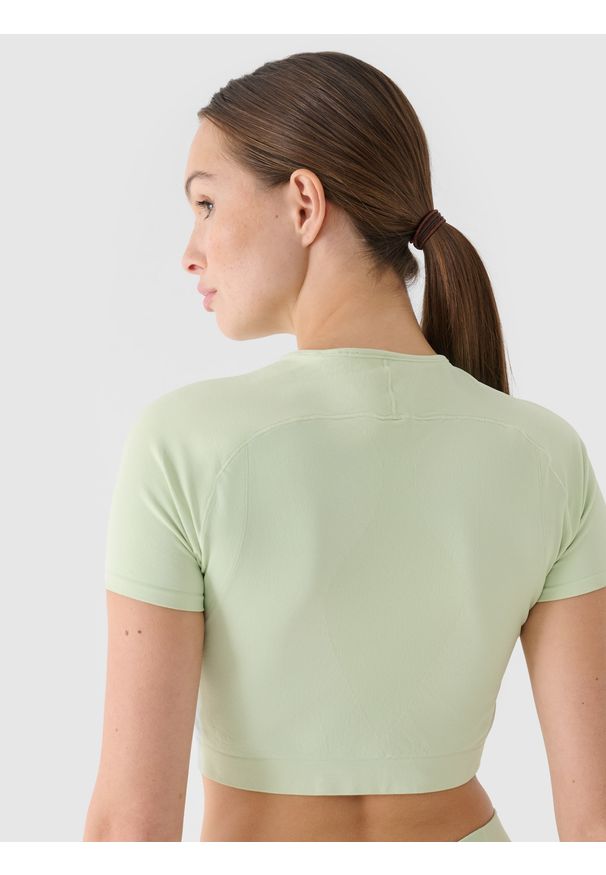 4f - 4F Crop top treningowy slim szybkoschnący damski - turkusowy XS/S. Kolor: turkusowy. Materiał: włókno, dzianina, materiał, syntetyk. Długość rękawa: raglanowy rękaw. Wzór: gładki, ze splotem. Sport: fitness