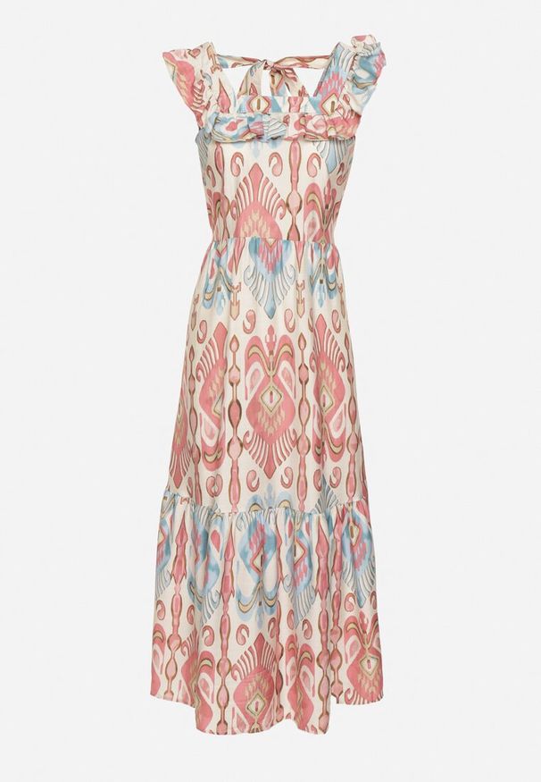 Born2be - Różowa Rozkloszowana Sukienka z Wiskozą Wiązana na Plecach w Print Boho Turielia. Okazja: na spacer. Kolor: różowy. Materiał: wiskoza. Długość rękawa: na ramiączkach. Wzór: nadruk. Sezon: lato. Styl: boho