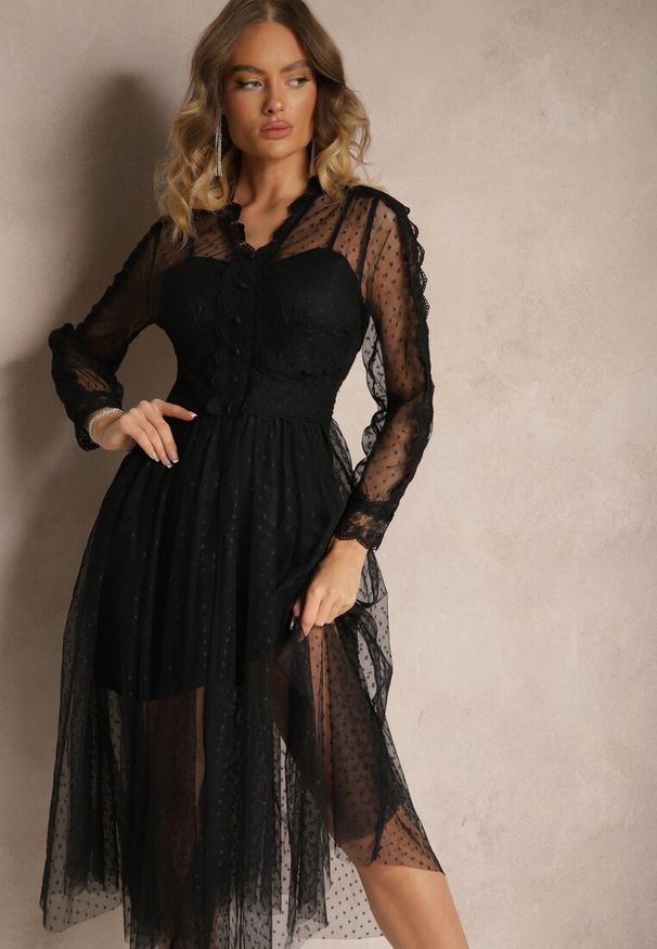 Renee - Czarna Rozkloszowana Sukienka Midi z Tiulu z Koronką Rislaine. Kolor: czarny. Materiał: tiul, koronka. Długość rękawa: na ramiączkach. Wzór: koronka. Sezon: wiosna, lato. Długość: midi