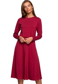Stylove - Sukienka rozkloszowana klasyczna z gumą w pasie bordowa wiskoza. Okazja: do pracy, na co dzień. Kolor: czerwony. Materiał: wiskoza, guma. Styl: klasyczny #1