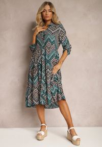 Renee - Czarno-Niebieska Koszulowa Sukienka z Bawełnianej Tkaniny z Mozaikowym Wzorem Tesahina. Okazja: na co dzień. Kolor: czarny. Materiał: bawełna, tkanina. Typ sukienki: koszulowe. Styl: boho, klasyczny, elegancki, casual #5