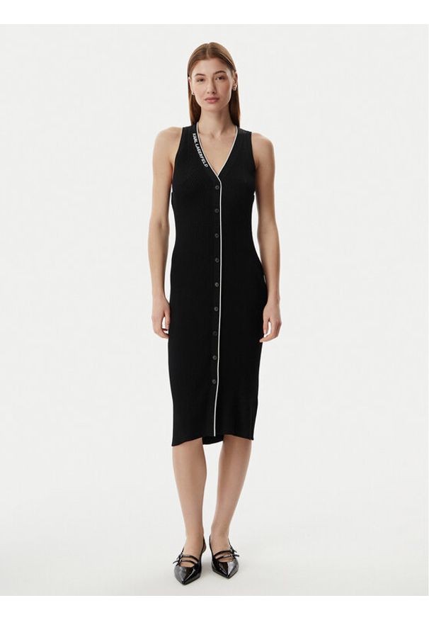 Karl Lagerfeld - KARL LAGERFELD Sukienka dzianinowa B2W13004 Czarny Slim Fit. Typ kołnierza: dekolt w karo. Kolor: czarny. Materiał: syntetyk