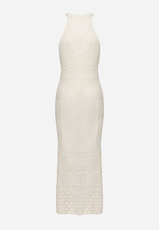 Born2be - Jasnobeżowa Sukienka o Taliowanym Kroju z Ażurowej Dzianiny Tiamisse. Kolor: beżowy. Materiał: dzianina. Wzór: ażurowy. Sezon: lato. Typ sukienki: oversize. Styl: elegancki