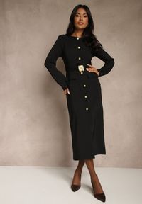 Renee - Czarna Taliowana Sukienka z Eleganckimi Guzikami i Metaliczną Klamrą Espedia. Okazja: na spotkanie biznesowe, na imprezę. Kolor: czarny. Materiał: skóra. Długość rękawa: długi rękaw. Styl: elegancki #3