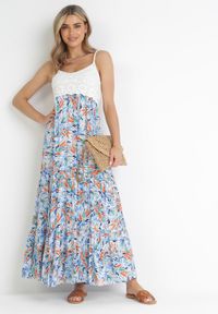 Born2be - Niebieska Wiskozowa Sukienka Maxi z Szydełkową Górą i Rozkloszowanym Dołem Eumila. Kolor: niebieski. Materiał: wiskoza. Długość rękawa: na ramiączkach. Sezon: wiosna, lato. Typ sukienki: rozkloszowane. Długość: maxi #3
