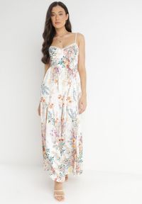 Born2be - Biała Sukienka Megeusa. Kolor: biały. Długość rękawa: na ramiączkach. Wzór: nadruk, kwiaty. Typ sukienki: dopasowane. Długość: maxi #3