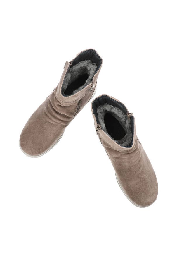 Szare Botki G-Comfort Ocieplane Buty Damskie. Okazja: na co dzień. Zapięcie: zamek. Kolor: szary. Materiał: skóra, futro. Wzór: aplikacja. Obcas: na obcasie. Styl: casual, elegancki. Wysokość obcasa: niski