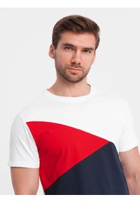 Ombre Clothing - Trójkolorowy t-shirt męski bawełniany - biało-granatowy V3 - Rozmiar: M. Okazja: na co dzień. Kolor: biały. Materiał: bawełna. Wzór: geometria. Styl: klasyczny, casual