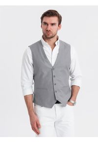 Ombre Clothing - Dopasowana męska kamizelka z rayonem i marmurkowymi guzikami – szara V3. Kolor: szary. Materiał: tkanina, poliester. Wzór: gładki, jednolity. Styl: elegancki