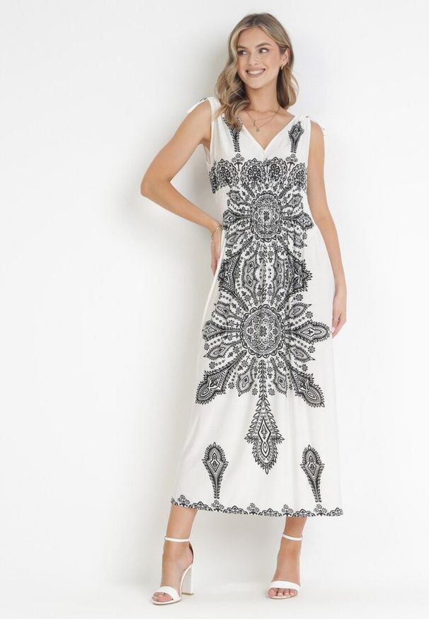 Born2be - Biała Sukienka w Stylu Boho z Gumką w Talii i Sznurkami przy Ramionach Niree. Kolor: biały. Styl: boho