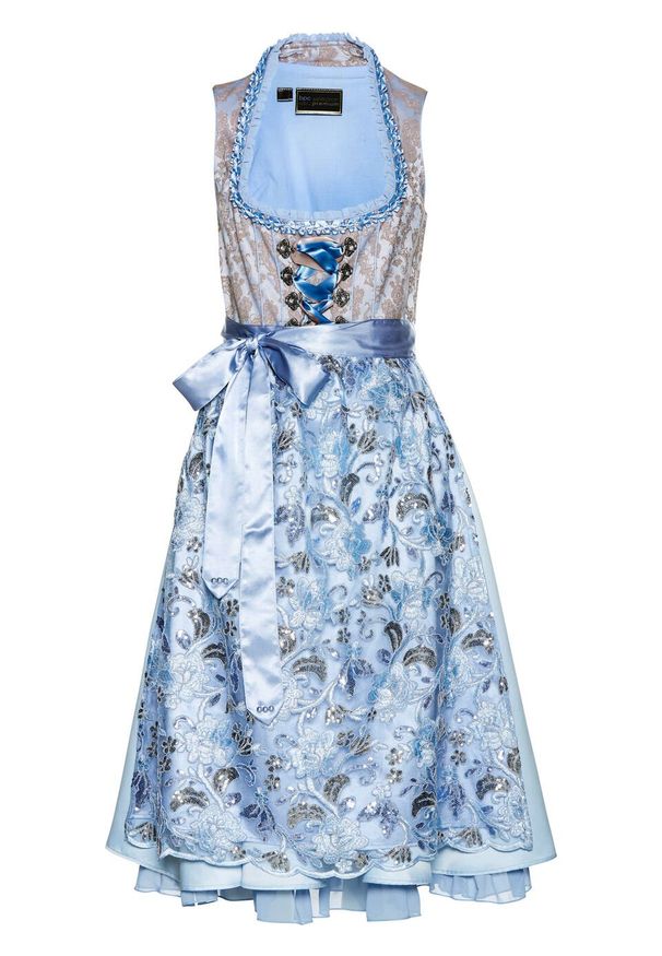 Sukienka w ludowym stylu w żakardowy deseń, z haftowanym fartuchem bonprix pudrowy niebieski wzorzysty. Kolor: fioletowy. Materiał: żakard. Wzór: haft