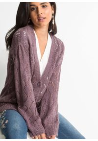 Sweter rozpinany w ażurowy wzór bonprix dymny lila. Kolor: fioletowy. Wzór: ażurowy #4
