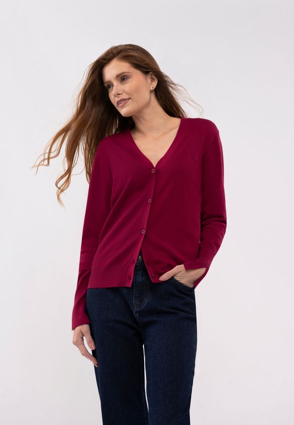 Volcano - Krótki kardigan S-VIVI. Okazja: na co dzień. Typ kołnierza: dekolt w serek, dekolt w kształcie V. Materiał: materiał. Długość: krótkie. Wzór: haft, gładki. Styl: casual, elegancki