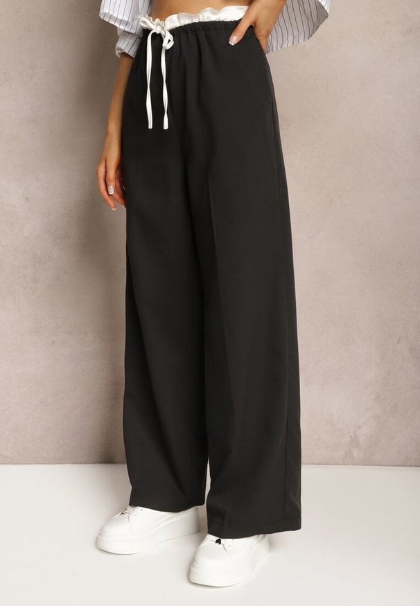 Renee - Czarne Materiałowe Spodnie z Szerokimi Nogawkami High Waist z Gumką w Talii Comina. Okazja: na co dzień. Stan: podwyższony. Kolor: czarny. Materiał: materiał. Styl: elegancki, casual