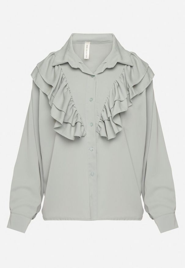 Born2be - Jasnozielona Koszula z Ozdobną Falbaną Cornelea. Okazja: na co dzień. Kolor: zielony. Materiał: jeans. Styl: klasyczny, casual, elegancki