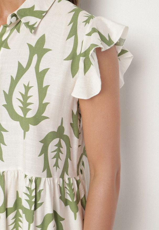 Born2be - Zielona Rozkloszowana Sukienka o Koszulowym Kroju z Lnem i Wiskozą Folarane. Okazja: na spacer, na co dzień. Kolor: zielony. Materiał: wiskoza, len. Wzór: aplikacja. Typ sukienki: koszulowe. Styl: elegancki, casual, klasyczny