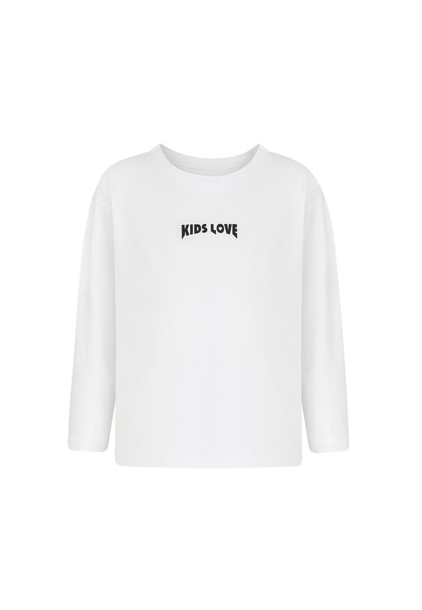 KIDS LOVE - Biała koszulka z logo Menfi. Okazja: na co dzień. Kolor: biały. Materiał: materiał. Długość rękawa: długi rękaw. Długość: długie. Styl: casual
