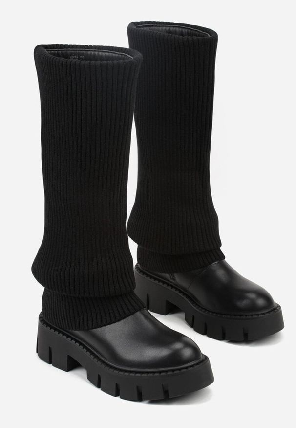 Renee - Czarne Kozaki Chunky z Dzianinową Cholewką Imitującą Nogawkę Fenema. Okazja: na co dzień. Kolor: czarny. Materiał: dzianina. Szerokość cholewki: normalna. Styl: casual