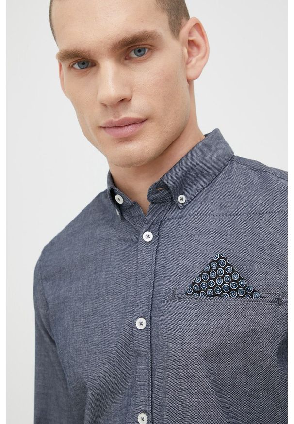 Tom Tailor koszula męska kolor szary slim z kołnierzykiem button-down. Typ kołnierza: button down. Kolor: szary. Materiał: bawełna, tkanina. Długość rękawa: długi rękaw. Długość: długie