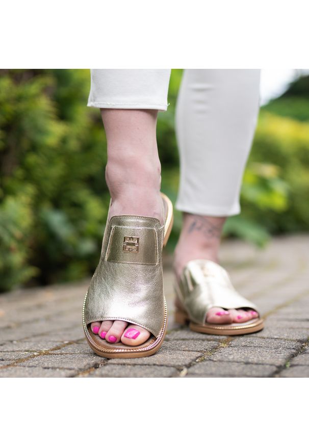 Złote Sandały Armodo Wygodne Obuwie Damskie. Okazja: na co dzień. Zapięcie: pasek. Kolor: złoty. Materiał: materiał, skóra, jeans. Wzór: paski. Sezon: lato. Styl: casual, elegancki