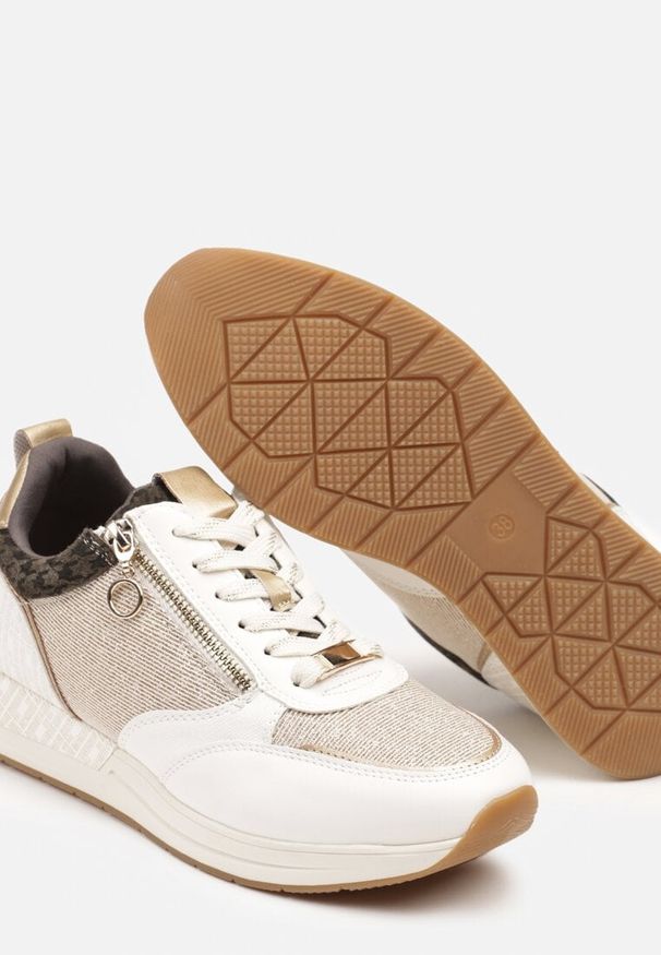Renee - Beżowo-Złote Sneakersy z Wkładką ze Skóry Naturalnej Zdobione Suwakiem Fihanor. Okazja: na co dzień. Kolor: beżowy. Materiał: skóra. Wzór: aplikacja. Obcas: na obcasie. Wysokość obcasa: niski