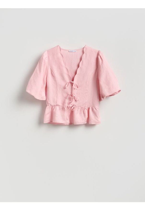 Reserved - Bluzka z lnem - pastelowy róż. Kolor: różowy. Materiał: len