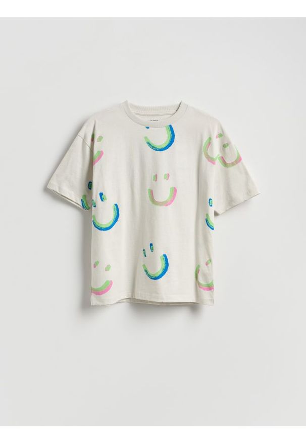 Reserved - Bawełniany t-shirt z nadrukiem - jasnoszary. Kolor: szary. Materiał: bawełna. Wzór: nadruk