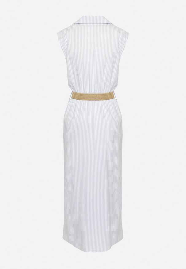 Born2be - Niebieska Bawełniana Sukienka Koszulowa z Gumką w Talii i Paskiem z Klamrą Xalorea. Kolor: niebieski. Materiał: bawełna. Wzór: paski. Typ sukienki: koszulowe