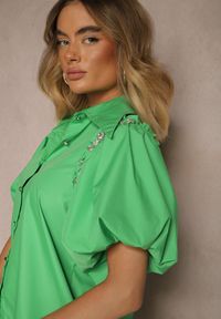 Renee - Zielona Koszula Klymamene. Typ kołnierza: kolnierz wykładany. Kolor: zielony. Materiał: jeans, materiał, tkanina. Długość: krótkie. Wzór: gładki, jednolity #5