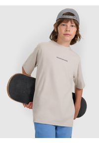 4f - 4F T-shirt oversize z nadrukiem chłopięcy - szary 128 (7-8 lat). Okazja: na co dzień. Kolor: szary. Materiał: jersey, bawełna, tkanina, dzianina. Długość rękawa: krótki rękaw. Długość: krótkie. Wzór: nadruk. Sezon: lato. Styl: sportowy, casual, vintage, klasyczny, elegancki