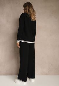Renee - Czarny Komplet Dzianinowy Sweter i Spodnie Wide Leg z Ozdobną Lamówką Ralenia. Kolor: czarny. Materiał: dzianina. Wzór: aplikacja