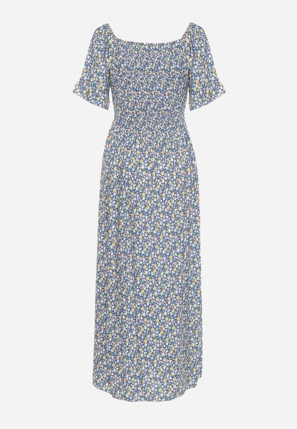 Born2be - Niebieska Bawełniana Sukienka w Kwiatki z Hiszpańskim Elastycznym Dekoltem Bleriama. Okazja: na co dzień, na randkę. Kolor: niebieski. Materiał: bawełna. Długość rękawa: krótki rękaw. Wzór: kwiaty. Styl: casual, elegancki