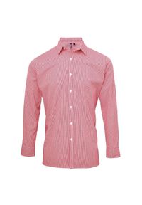 PREMIER - Męska Koszula Z Długim Rękawem Gingham Micro Checked. Kolor: biały, czerwony, wielokolorowy. Długość rękawa: długi rękaw. Długość: długie