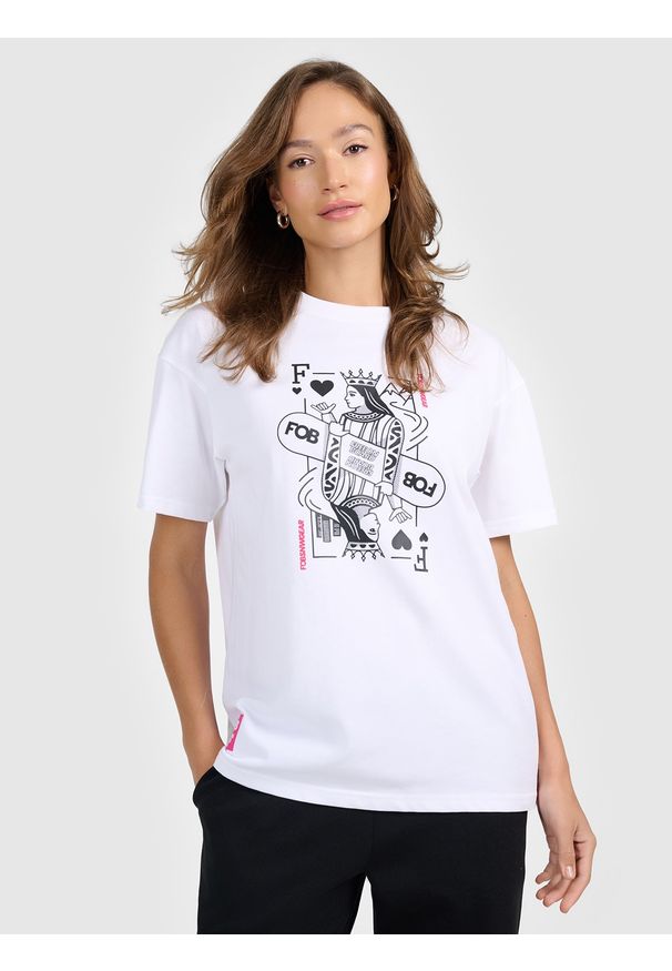 4f - 4F T-shirt loose z nadrukiem damski - biały M. Okazja: na co dzień. Kolor: biały. Materiał: dzianina, bawełna, materiał. Wzór: nadruk. Styl: casual