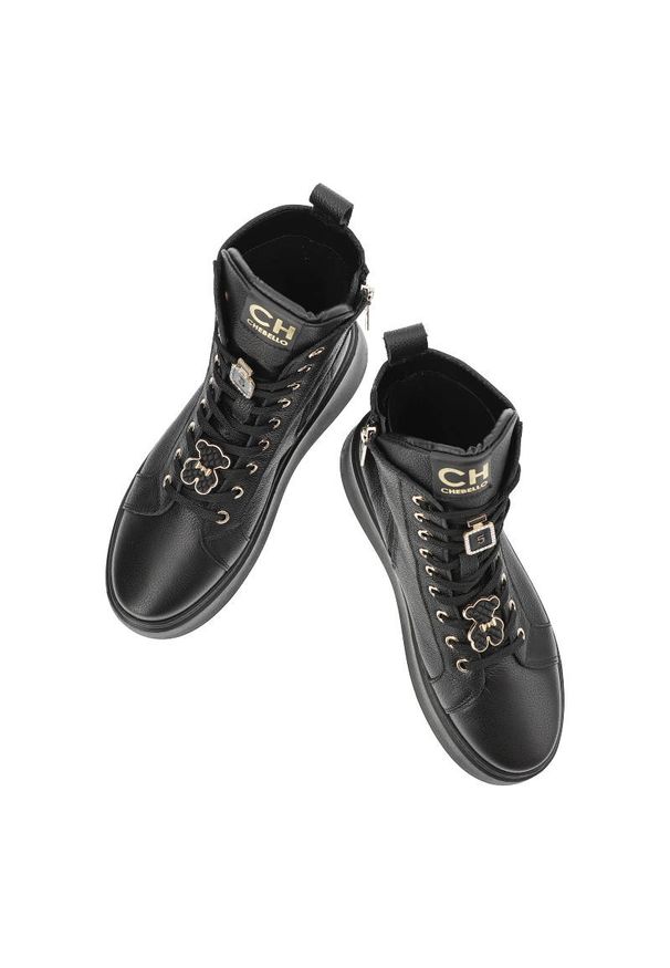 Czarne Botki CheBello Skórzane Buty Damskie. Okazja: na co dzień. Zapięcie: sznurówki. Kolor: czarny. Materiał: skóra. Szerokość cholewki: normalna. Styl: casual