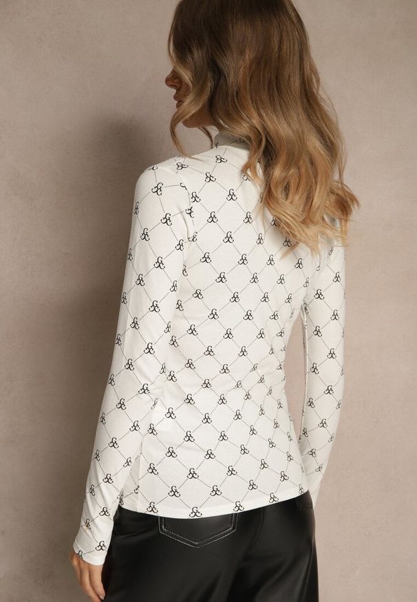 Renee - Biała Bluzka Longsleeve Półgolf z Bawełny Ozdobiona Geometrycznym Nadrukiem Zantila. Okazja: na co dzień. Kolor: biały. Materiał: bawełna. Długość rękawa: długi rękaw. Wzór: geometria, nadruk, aplikacja. Styl: casual, elegancki