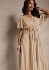 Renee - Ciemnobeżowa Sukienka Wiązana w Talii z Plisowaniem na Dole Dorseki. Kolor: beżowy. Materiał: materiał, tkanina. Styl: elegancki #4