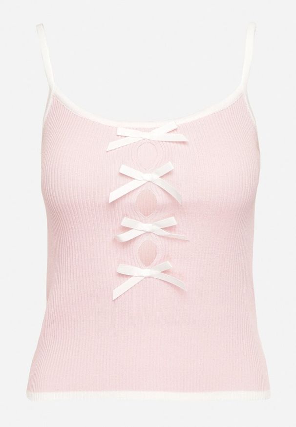 Born2be - Różowy Prążkowany Top z Ozdobnymi Kokardami Evilellis. Okazja: na co dzień. Typ kołnierza: kokarda. Kolor: różowy. Materiał: prążkowany. Styl: casual, elegancki