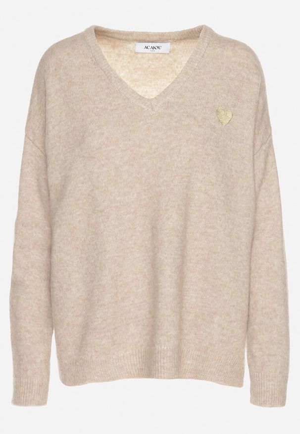 Born2be - Ciemnobeżowy Sweter z Wełną i Trójkątnym Dekoltem Zivida. Okazja: na co dzień. Kolor: beżowy. Materiał: wełna. Długość rękawa: długi rękaw. Długość: długie. Styl: klasyczny, elegancki, casual
