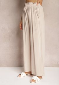 Renee - Jasnobeżowe Spodnie Palazzo High Waist z Bawełny Wykończone Gumką w Talii Nellsea. Okazja: na co dzień. Stan: podwyższony. Kolor: beżowy. Materiał: bawełna. Styl: casual, elegancki #4