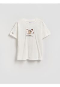 Reserved - T-shirt z nadrukiem na plecach Pusheen - złamana biel. Materiał: bawełna. Wzór: nadruk #1