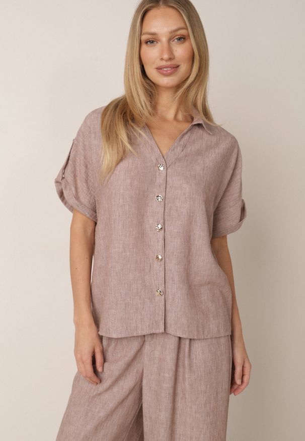 Born2be - Beżowy Letni Komplet Oversize z Bawełny i Lnu Szerokie Spodnie i Koszula Phellame. Kolor: beżowy. Materiał: len, bawełna