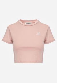 Renee - Różowy Basicowy T-shirt w Stylu Cropped z Subtelnym Nadrukiem Loraera. Okazja: na co dzień. Kolor: różowy. Materiał: jeans. Długość: krótkie. Wzór: nadruk. Styl: elegancki, sportowy, casual #2