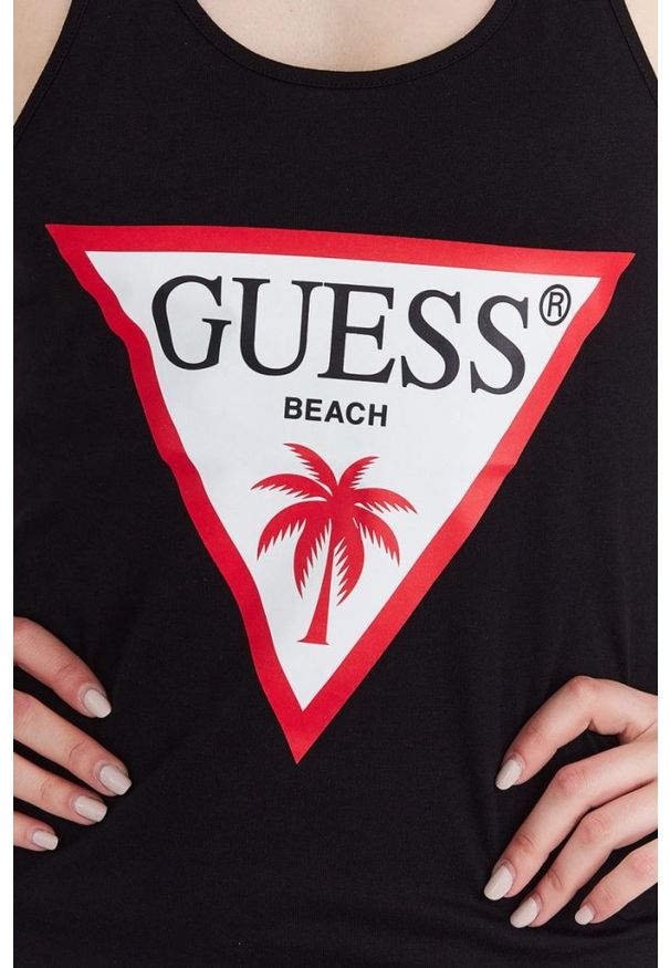Guess - GUESS Czarna damska sukienka na ramiączka z trójkątnym logo, Rozmiar M. Kolor: czarny. Materiał: bawełna. Długość rękawa: na ramiączkach. Wzór: nadruk