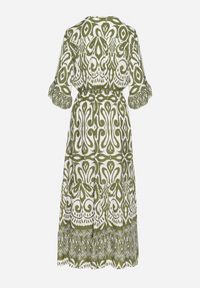 Born2be - Zielona Sukienka Bawełniana w Ornamentalny Wzór z Gumką w Talii Orrielle. Okazja: na co dzień. Typ kołnierza: dekolt w serek. Kolor: zielony. Materiał: bawełna. Typ sukienki: sportowe. Styl: casual, sportowy #7